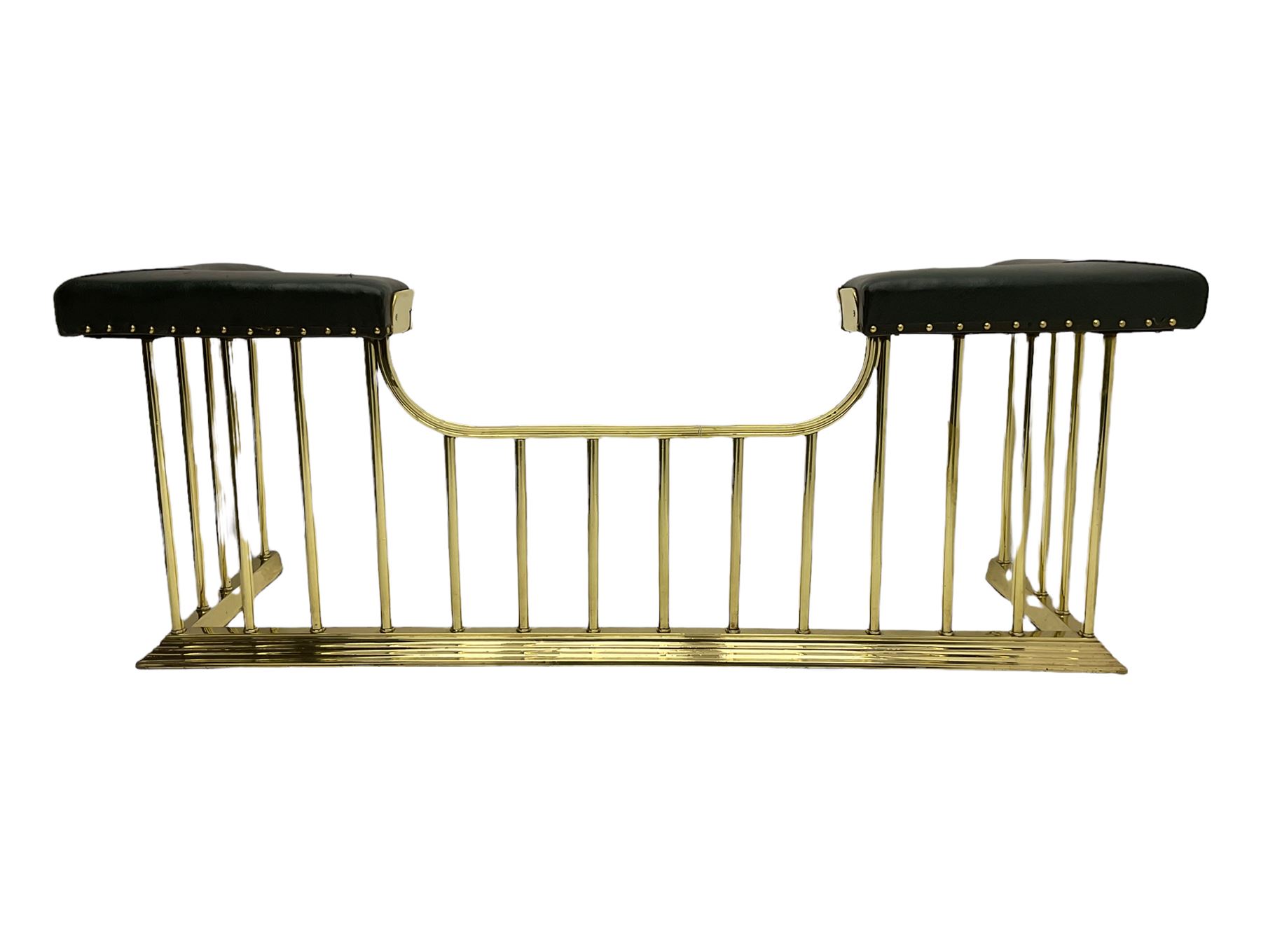 style brass club fire fender, corner leather seats, shaped