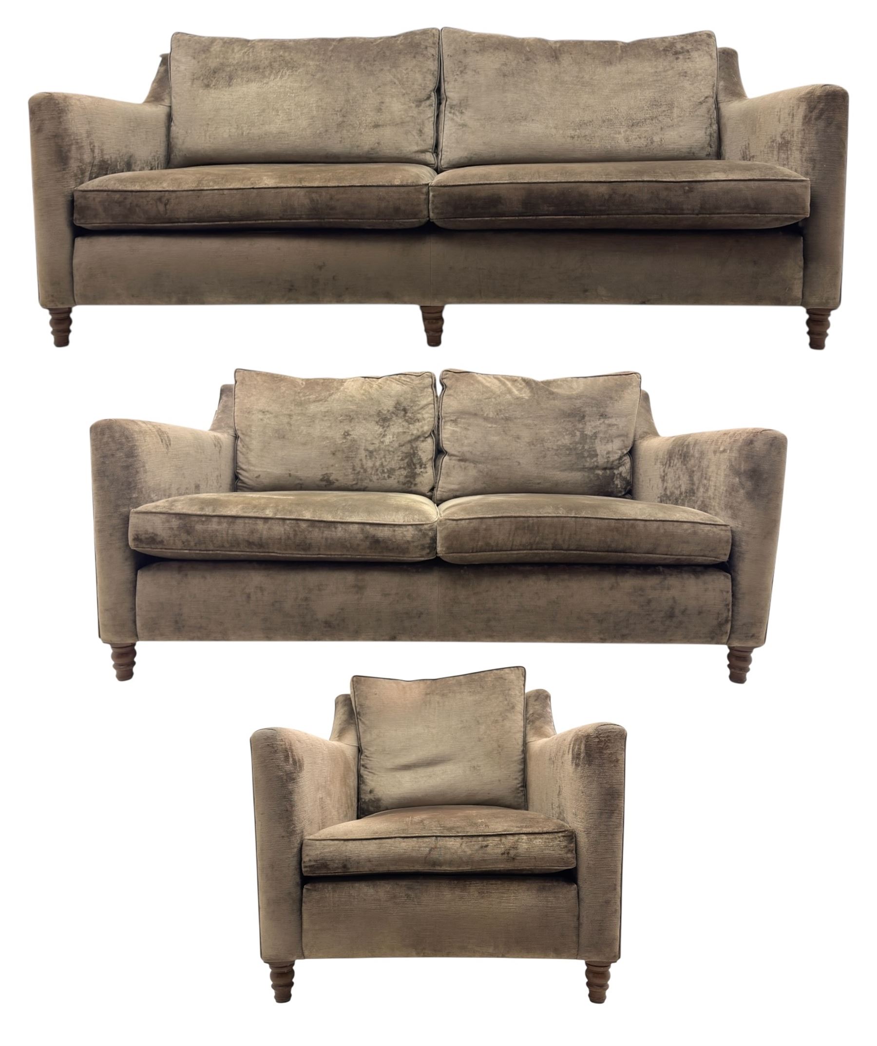 Duresta - three piece 'Finsbury' lounge suite comprising one three-seat sofa, a two-seat sofa and armchair, upholstered in mink coloured velvet, with box seat cushions and deep seat over tapered arms on short stained bun feet (Three seat H 80cm, W 207cm, D105cm, two seat H80cm, W168cm, D105cm, armchair H80cm, W89cm, D105cm)    