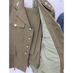 RAF Flight Lieutenant's uniform with peaked cap and WW2 ribbon bar; WW2 gas mask in blue canvas bag dated 1942; flying helmet date 1984; and British Army Major's uniform with Staybrite buttons and peaked cap