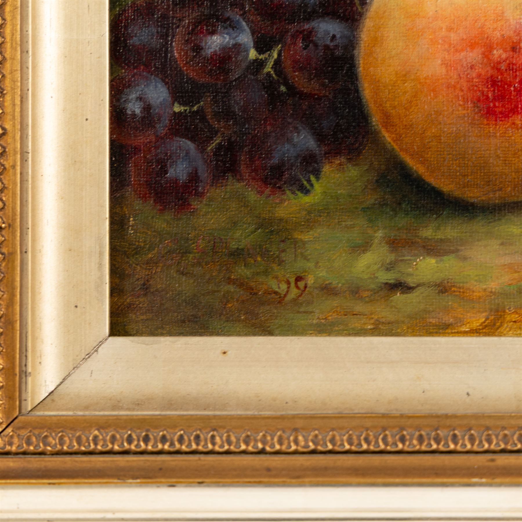 George Spencer (British 19th Century): Still Life of Fruits on a Bed of Grass, pair of oils on canvas board max 16.5cm x 24cm (2)