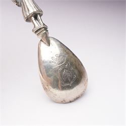 19th century Dutch silver spoon with hammered ovoid bowl, the reverse with a coat of arms, the stem formed as a standing figure after a 17th century design L13cm