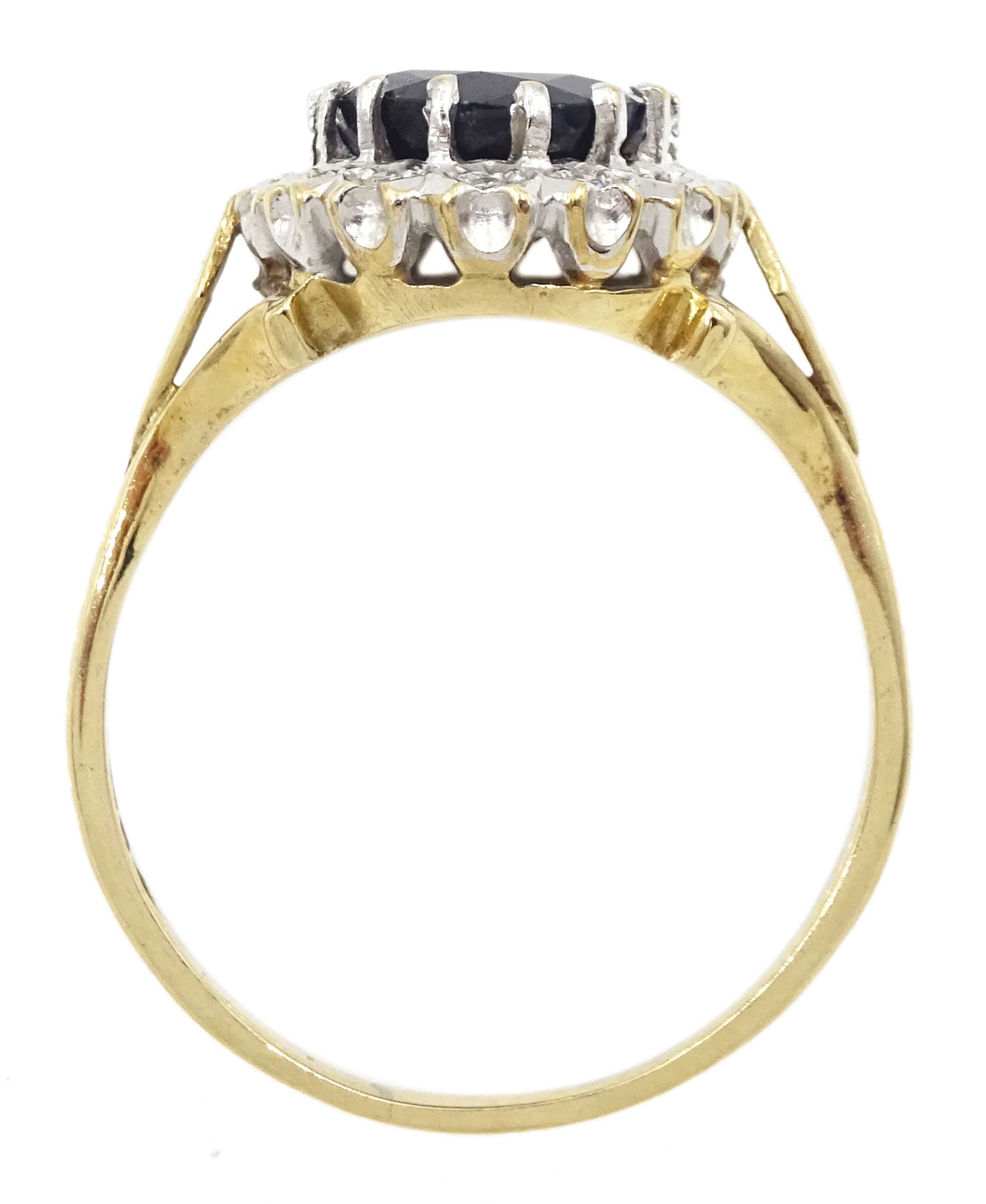 9ct gold oval cut sapphire and diamond cluster ring, hallmarked