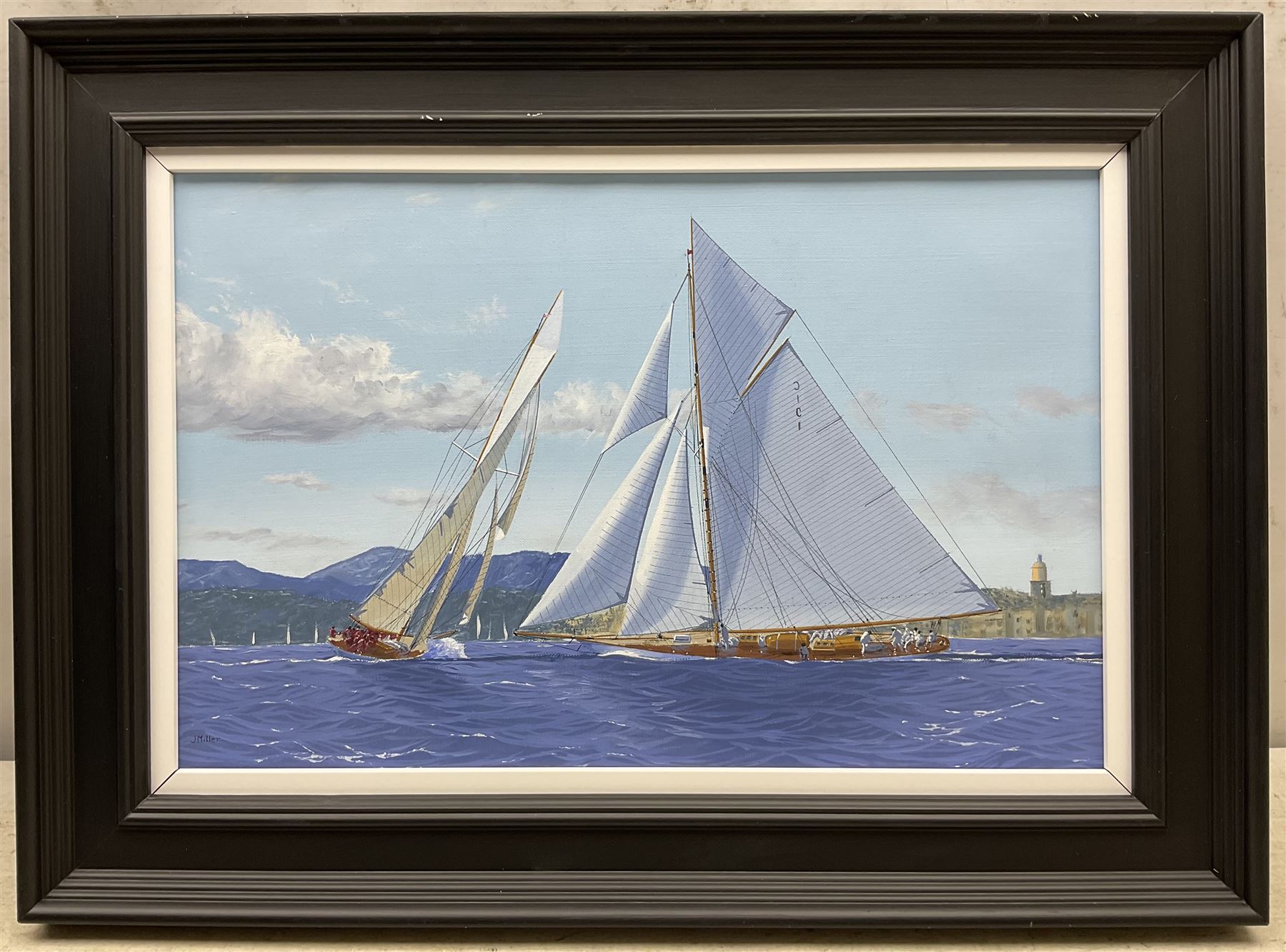 James Miller (British 1962-): 'Tuiga and Mariquita off Saint-Tropez', oil on canvas signed, titled verso 28cm x 42cm