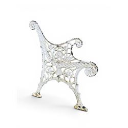 Pair of ornate painted cast iron bench ends, painted in white finish