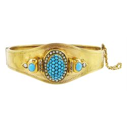 Victorian 18ct gold turquoise, pearl and diamond hinged bangle, the applied central raised oval dome pave set with turquoise cabochons and split pearl surround, either side set with rose cut diamonds, turquoise cabochons and pearls