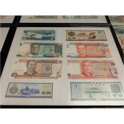 World banknotes, including Central Bank of Nigeria, Indonesia, Central Bank of Egypt, Republic of Liberia, Central Bank of Kenya, Central Bank of the Gambia, Singapore, Belgium etc, loose and in five framed displays