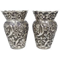 Early 20th century German silver holy water stoop, modelled as Christ upon the cross above a curved cistern with embossed floral decoration, stamped verso 800, also bearing crown and crescent mark and makers mark for Simon Rosenau, H17.5cm, together with a small pair of Continental silver vases, each embossed throughout with flower heads, each stamped beneath 800, and a Dutch box of rectangular form, the underside embossed with hunting scene, the domed cover with two figures, marked with Lion Passant purity mark, Minerva head duty mark, and date letter, probably 1886, approximate total weight (333 grams)