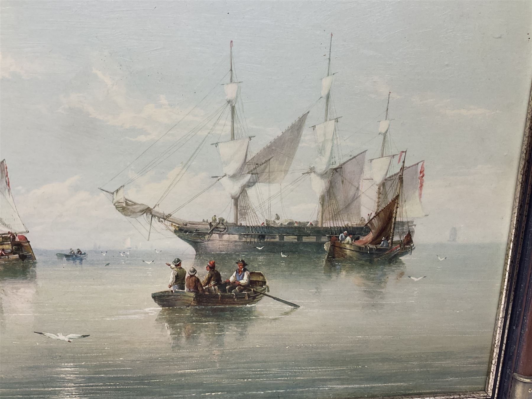 Framed oleograph type print after Henry Redmore, Calm on the Humber, overall H60cm W121cm