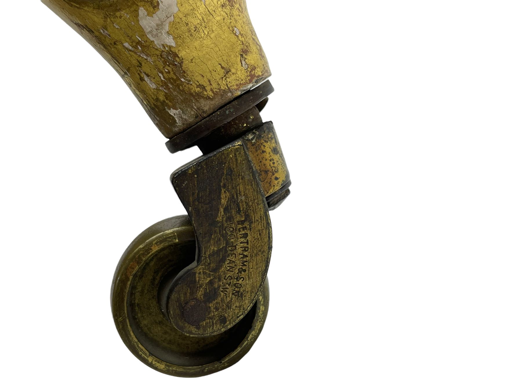 William Bertram & Son of London - pair late 19th century giltwood armchairs, moulded frame with scroll carved back and arm terminals, upholstered in striped fabric with foliate pattern, on shell carved cabriole supports, the brass castors stamped 