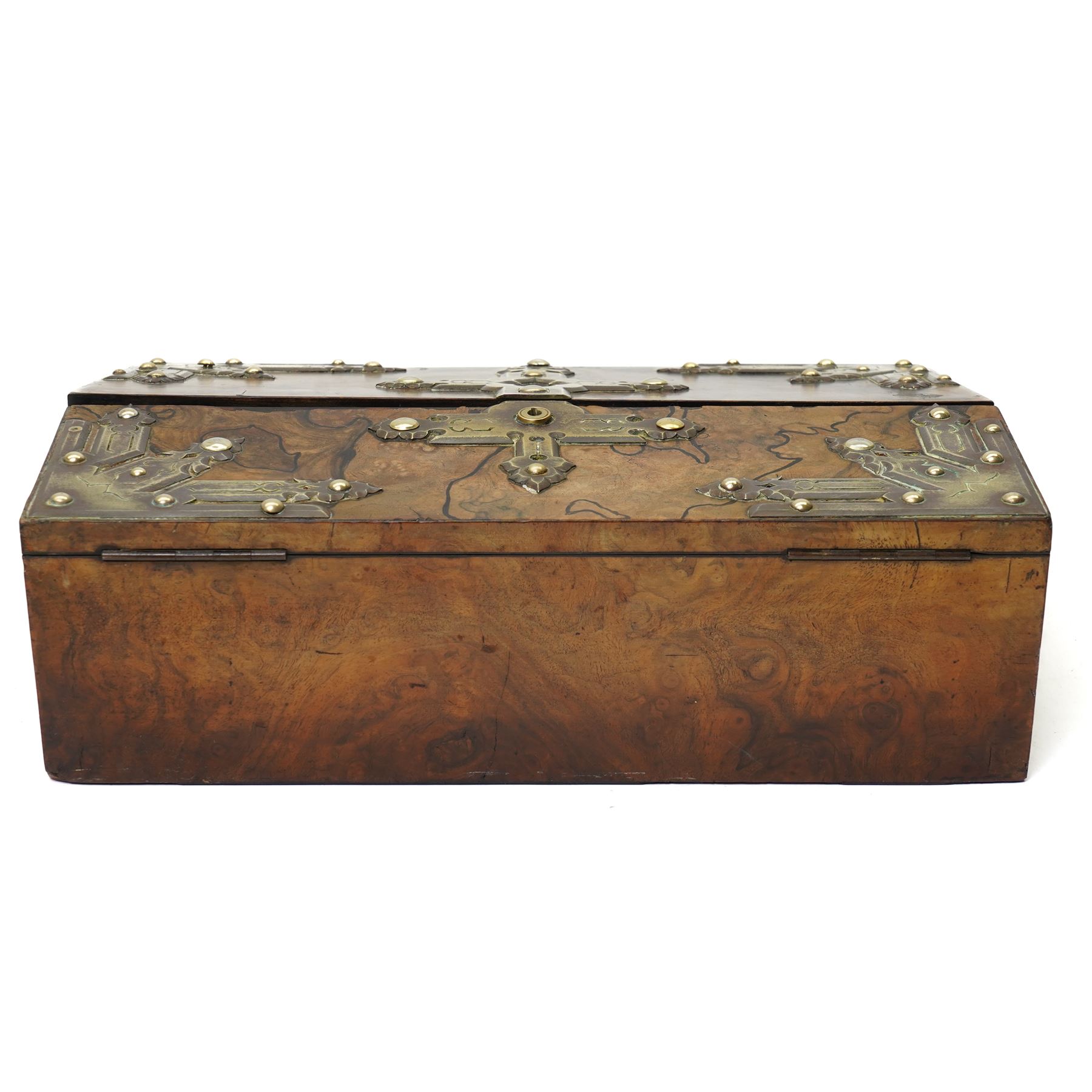 Victorian figured walnut writing slope, with brass mounted gothic decoration to cover opening to reveal purple slope, and compartmentalised interior, with key, W35cm