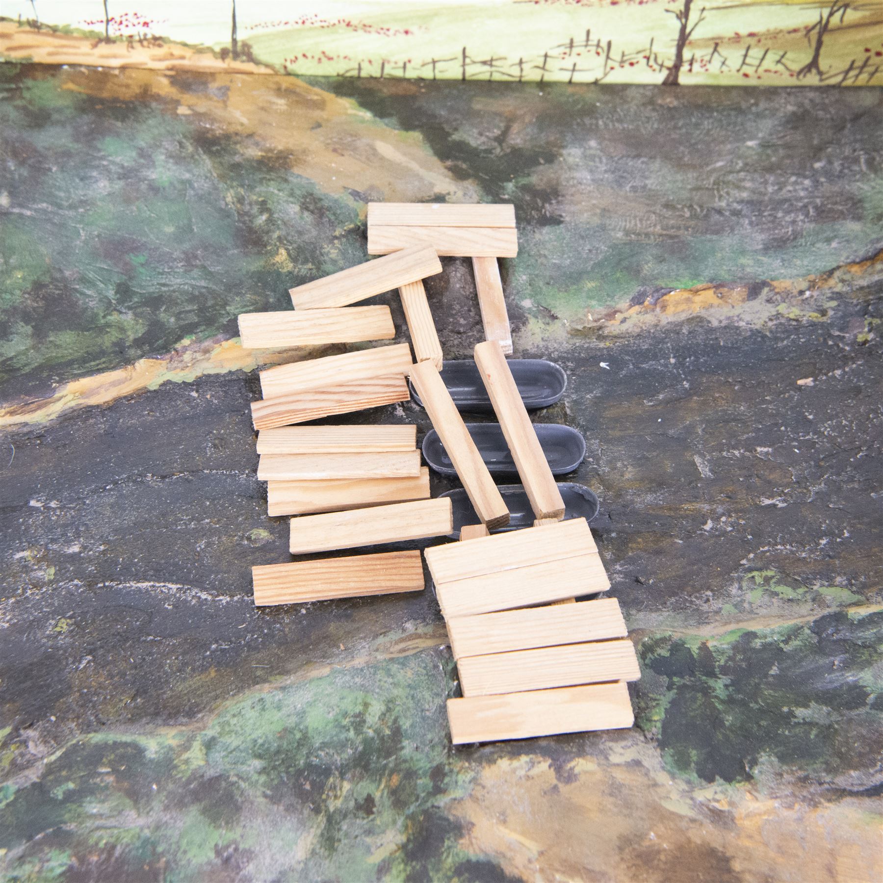 Ernst Plank; Pontoon diorama, with three wagons, pontoon boats, wooden planks and joints with all passengers and drivers, circa 1912, diorama is displayed in book Ernest Plank Miniatures; Vehicles, Transport Toys & Accessories by Jeff Carpenter pages 29 and 30  