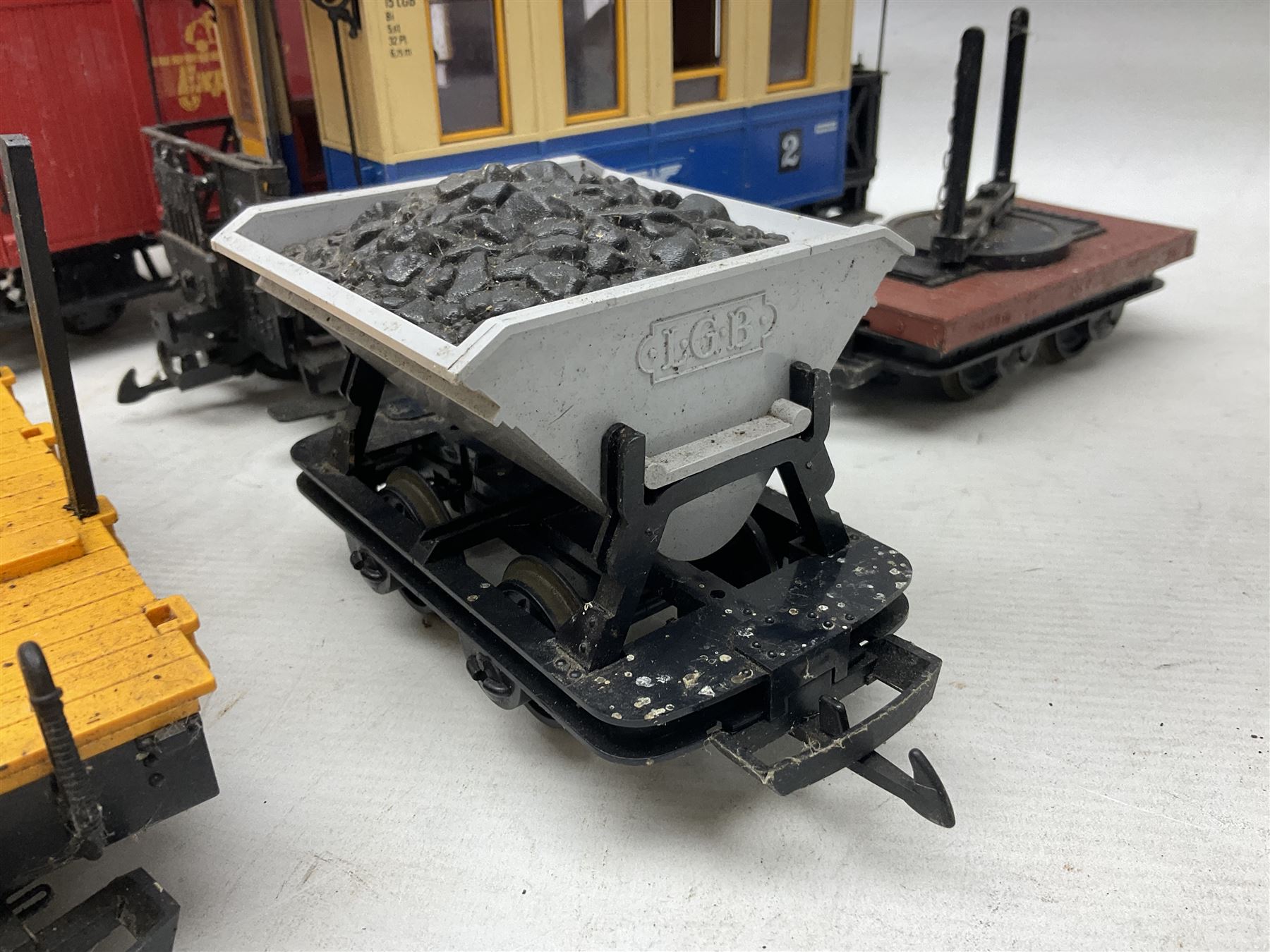 Three LGB (Lehmann Gross Bahn) G scale, gauge 1, rolling stock wagons, comprising two Lake George and Boulder wagons and an Auto Express wagon, together with a LGB passenger coach, other LGB rolling stock and a Lehmann Rigi900 ski lift