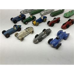 Dinky - fourteen early unboxed and playworn die-cast racing cars including four Thunderbolt Land Speed Record cars, Connaught No.236, Cooper-Bristol No.233, Talbot Lago No.23H, Mercedes Benz, two Speed of the Wind, Ferrari etc
