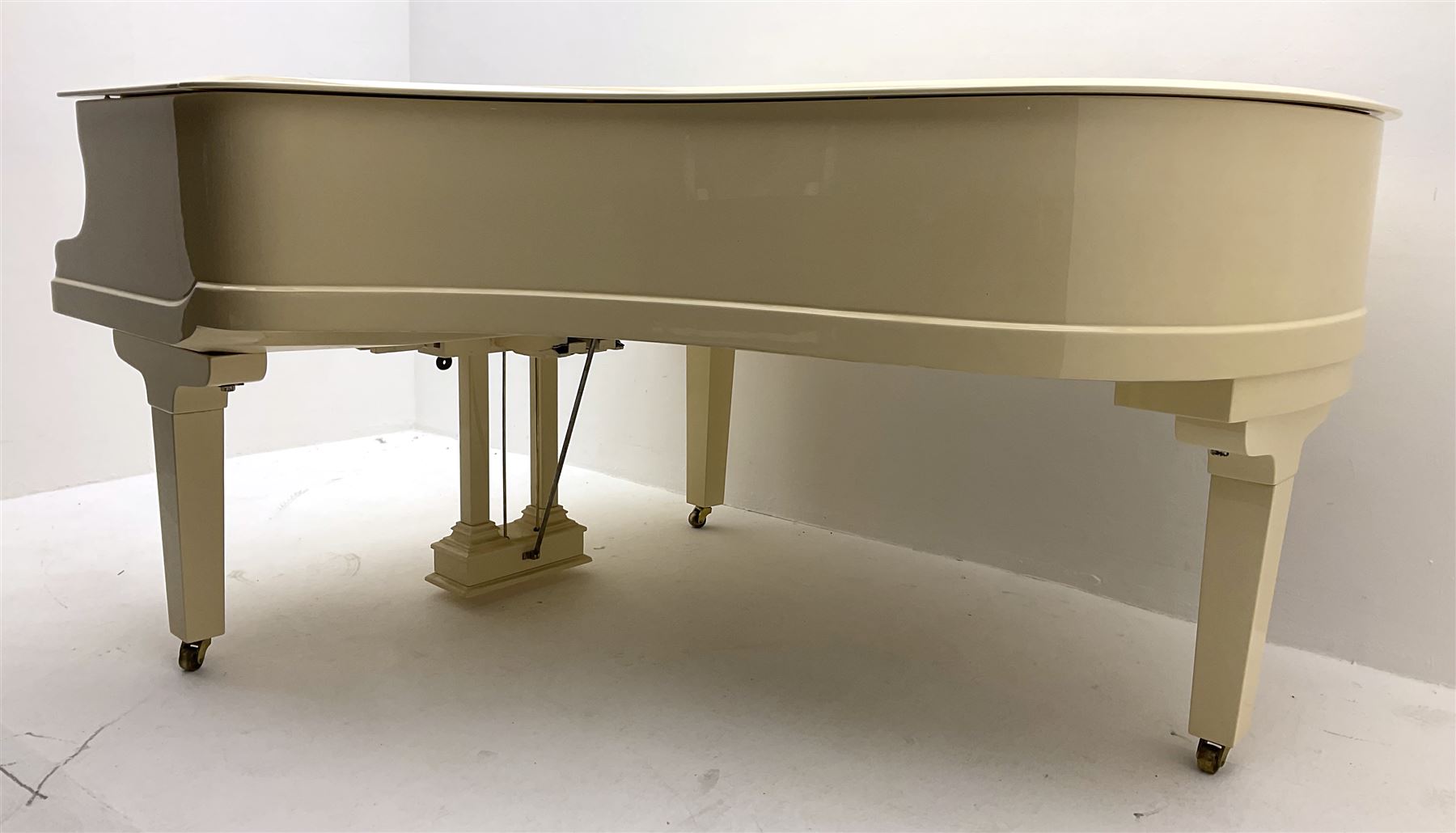 Julius Bluthner of Leipzig, Germany - Boudoir Grand Piano in cream lacquered finish with an open lattice music desk, original patent Bluthner action, recently restored and re-strung with new tuning pins, hammer heads and damper felts, re-sprayed iron frame  and re-furbished wooden soundboard with manufacturers decal and traditional 