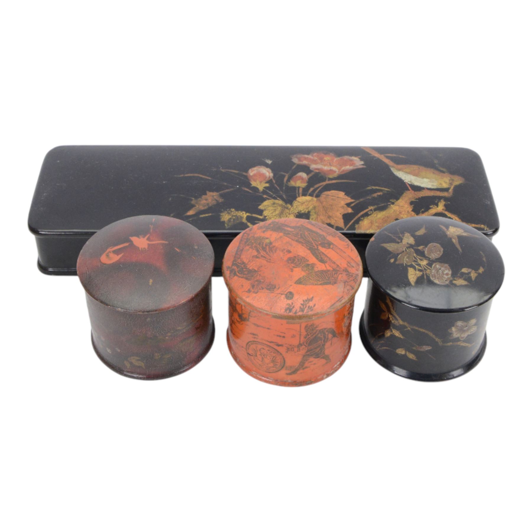 Collection of black lacquer boxes, together with jadeite green snuff bottle, and other boxes  