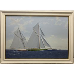 James Miller (British 1962-): 'Columbia and Shamrock Jockeying for Position - America's Cup 1899', oil on canvas signed, titled verso 64cm x 94cm