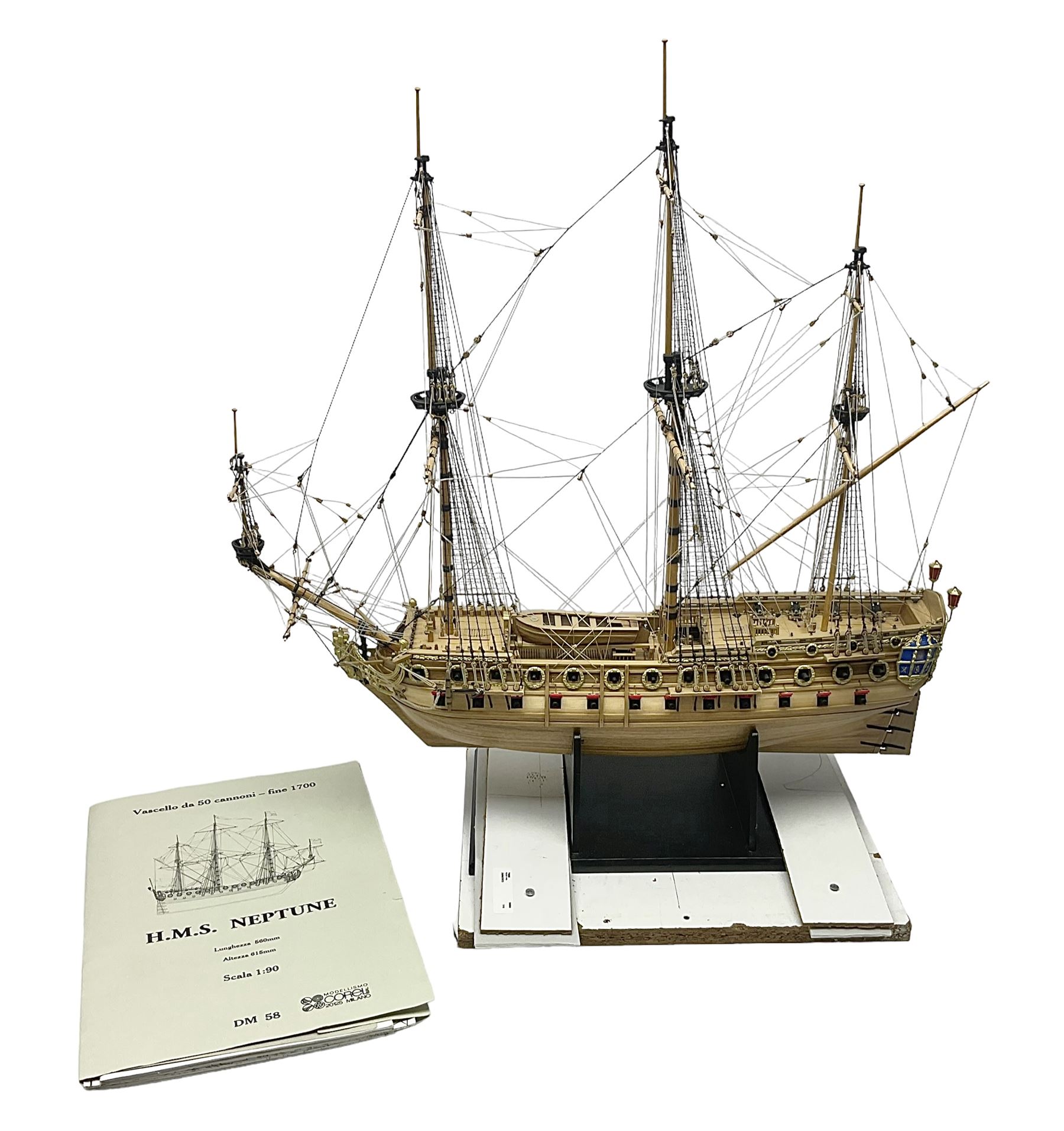 Wooden kit built model of HMS Neptune, 1:90 scale, with detailed rigging to three masts and a row of cannons to either side, upon ebonised wooden base, including stand H71cm
