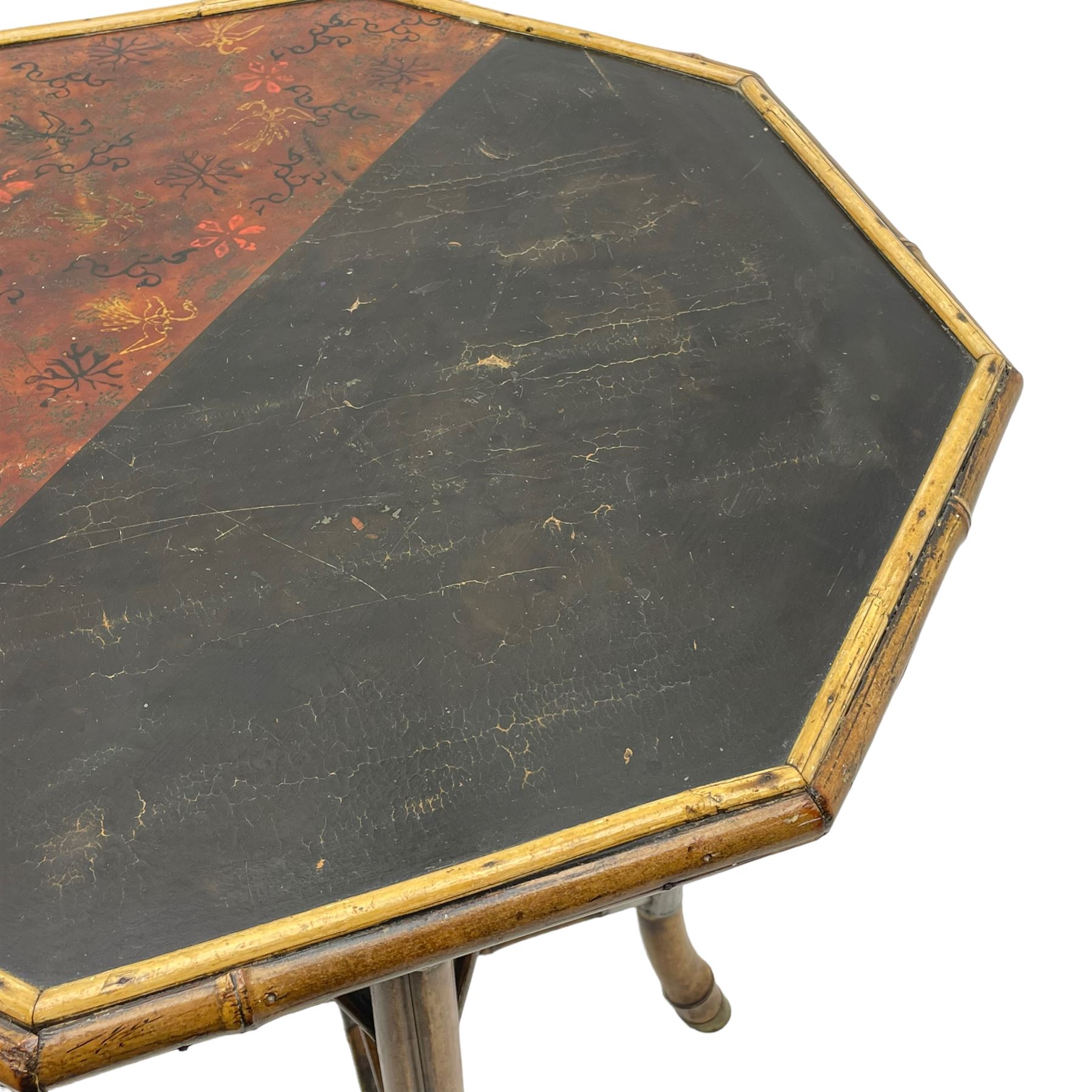 W.F. Needham - Victorian bamboo occasional table, octagonal lacquered top, the bamboo joined by metal brackets, brass cups stamped 'W.F Needham'