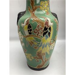 Modern Chinese floor standing vase, of shouldered circular form decorated with figures and animals and gilding, together with a further smaller vase, tallest H60cm