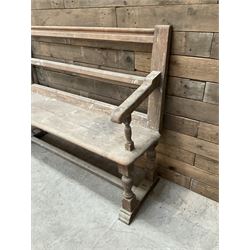 Victorian pitch pine bench pew, turned arms and legs, rail back with plank seat, 249cm