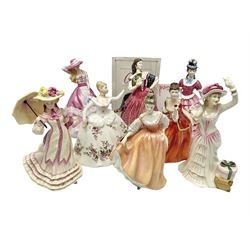 Eight Royal Doulton figures, comprising Carmen HN3993, Diane HN3604, Fair Lady HN2835, Flower of Love HN3970, Bon Voyage HN3866, Springtime HN3477, Just For You HN5140 and Shirley HN2702