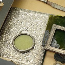 Edwardian silver folding desk blotter Sheffield 1904, three silver mounted frames, silver spoons etc