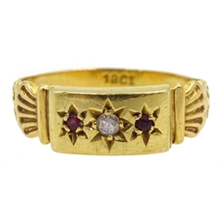 Gold three stone old cut diamond and ruby ring, gypsy set with scolloped design shank, stamped 18ct