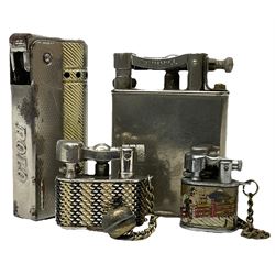 1930s Dunhill silver plated lighter, with lift-arm and engraved with initials 'M.T. Xmas 1940' to body with canted sides, patent no. 390107, together with a Polo example with engine turned design and two miniature Japanese lighters, tallest H5.5cm