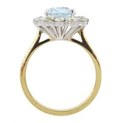 18ct gold oval aquamarine and round brilliant cut diamond cluster ring, hallmarked, aquamarine approx 2.10 carat, total diamond weight approx 0.75 carat
