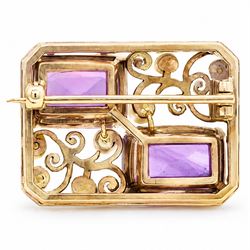 9ct gold amethyst and pearl brooch, pierced design set with two octagonal cut amethysts and eight cultured pearls