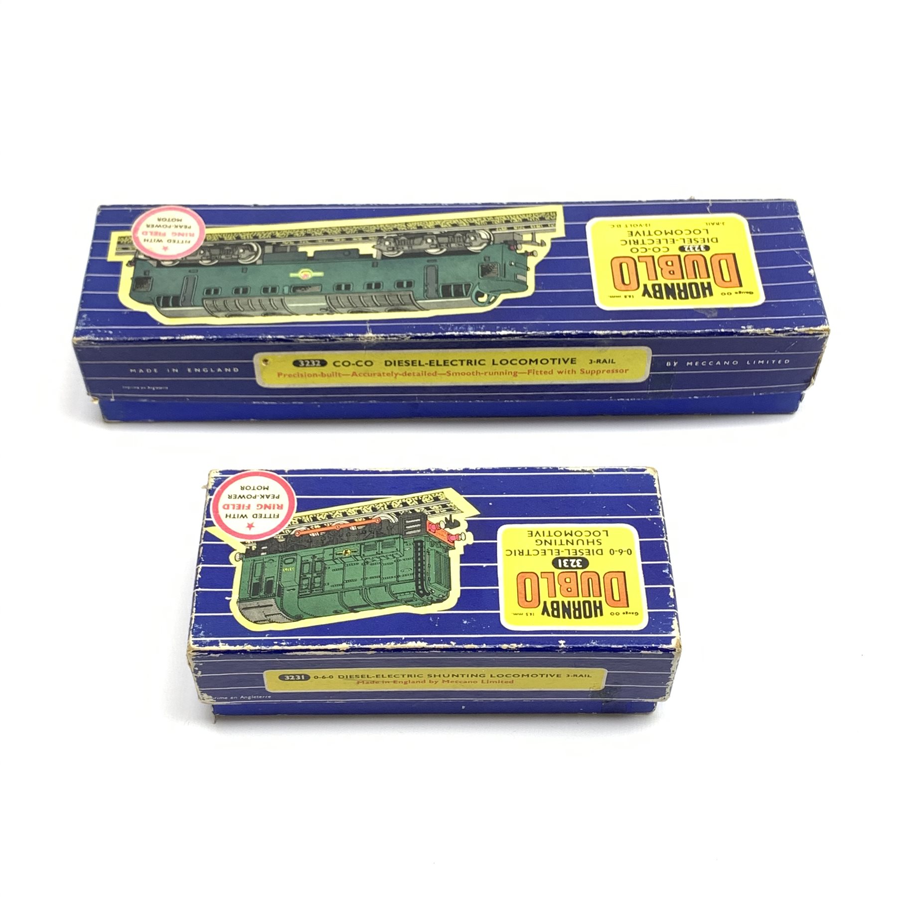 Hornby Dublo - 3232 three-rail Co-Co Diesel Electric locomotive and 3231 three-rail 0-6-0 Diesel-Electric Shunting locomotive, both boxed (2)