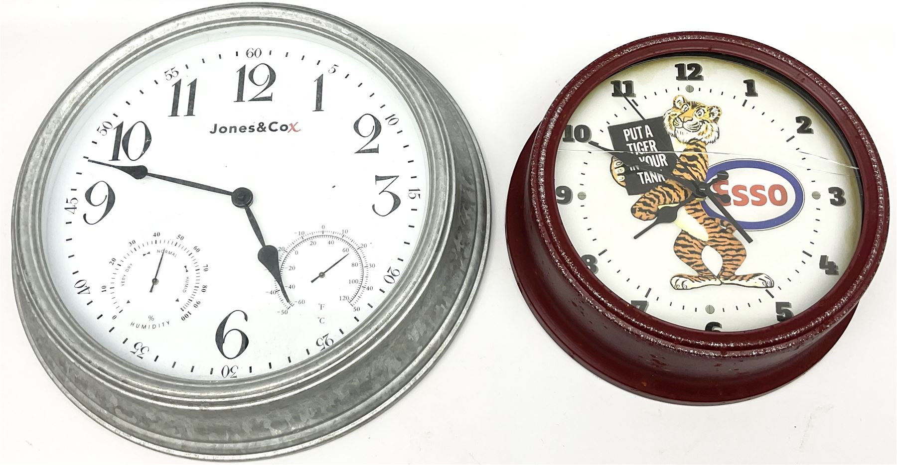 Esso Advertising Wall Clock, 'Put A Tiger In Your Tank', together with Jones & Co wall clock, largest example D40cm