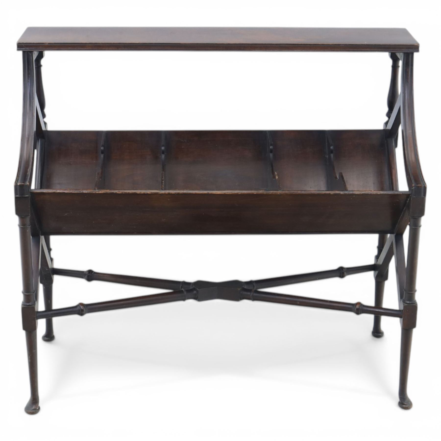 Early 20th century mahogany bookstand, rectangular top over sloped book trough with four divisions, on turned supports with X-shaped stretcher base