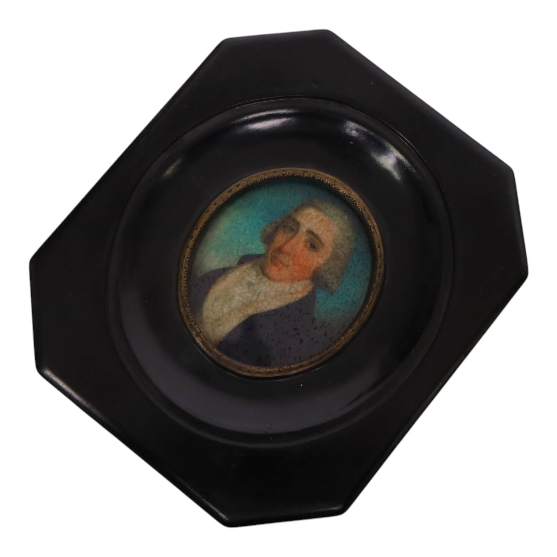20th century four framed miniatures of gentlemen, in traditional dress, each within a black frame, H13cm