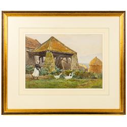 Albert George Stevens (Staithes Group 1863-1925): Young Girl Chasing Geese at Newton Mulgrave Farm, watercolour signed 26cm x 37cm 
Provenance: private collection, purchased David Duggleby Ltd 16th June 2023 Lot 290