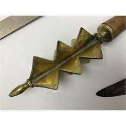 Near pair of short swords each with slightly curving 41cm fullered steel blade and all brass H-shaped hilt L52cm overall; plaited black leather whip; and reproduction pair of brass hilted swords, brass halberd blade and mace (7)