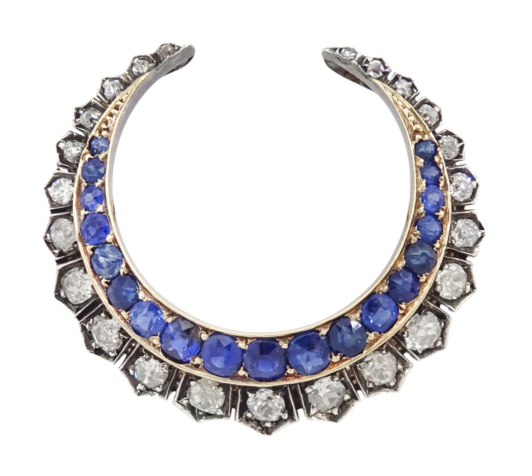 Victorian silver and gold old cut diamond and oval cut sapphire crescent, with detachable gold brooch setting, total diamond weight approx 1.80 carat
