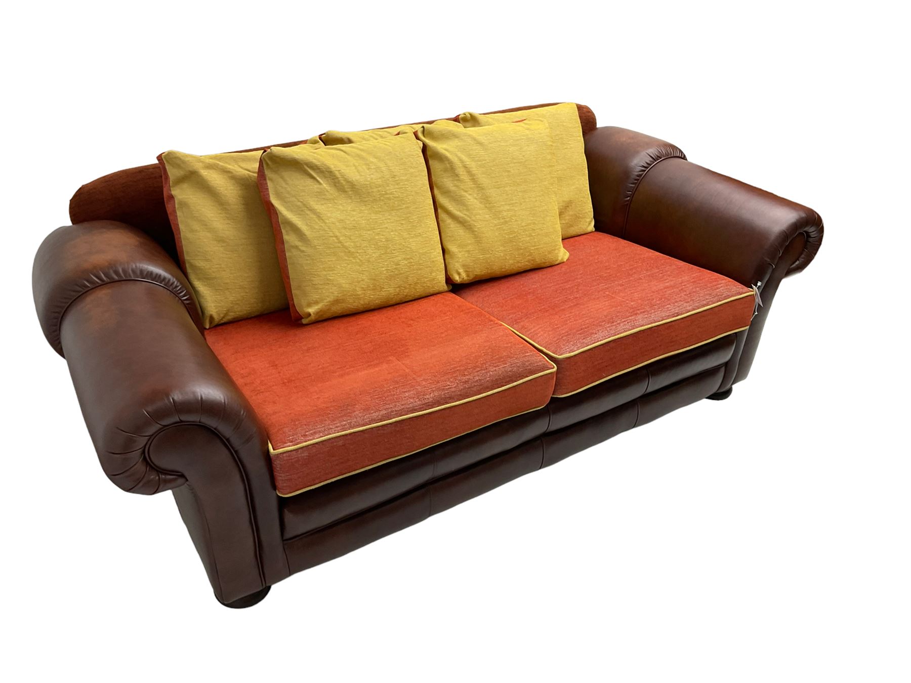 Gainsborough Lounge Suites - three piece leather and fabric lounge suite - pair two seat sofas (W225cm, H82cm, D105cm), and matching armchair (W88cm), on turned front feet with scatter cushions