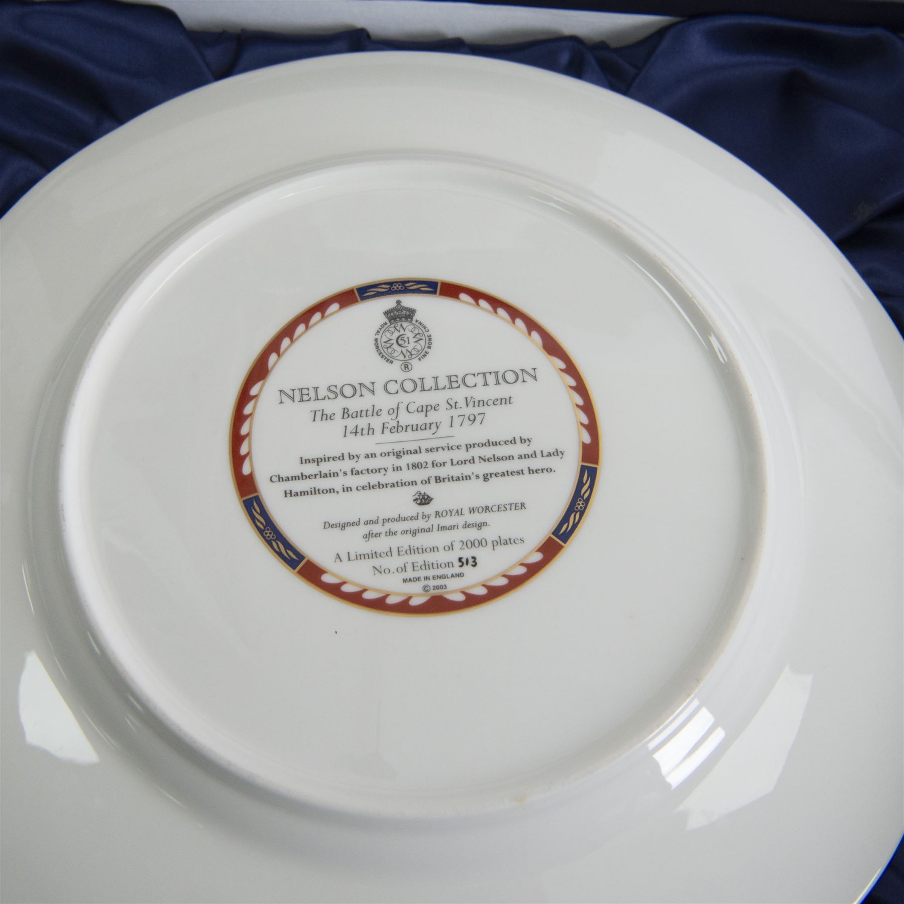 Royal Worcester seven Nelson collection plates, limited edition, comprising two Battle of Cape St Vincent, two Battle of Trafalgar, two Battle of Copenhagen and Battle of the Nile, all with certificates and original boxes 