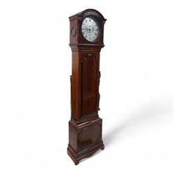 Michael Gottlob Schwarz of London-Early 19th century 8-day mahogany domestic regulator clock c1800, hood with a break arch pediment, silk backed side frets and circular glazed hood door, trunk with a conforming door on a rectangular plinth with a stepped base, silvered dial with an engraved centre, subsidiary seconds, date and strike/silent dials, engraved minute track, Roman numerals, five minute Arabic's and matching steel hands, five pillar rack striking movement with a dead beat escapement striking the hours on a bell. With two brass cased weights, pendulum and key.  
