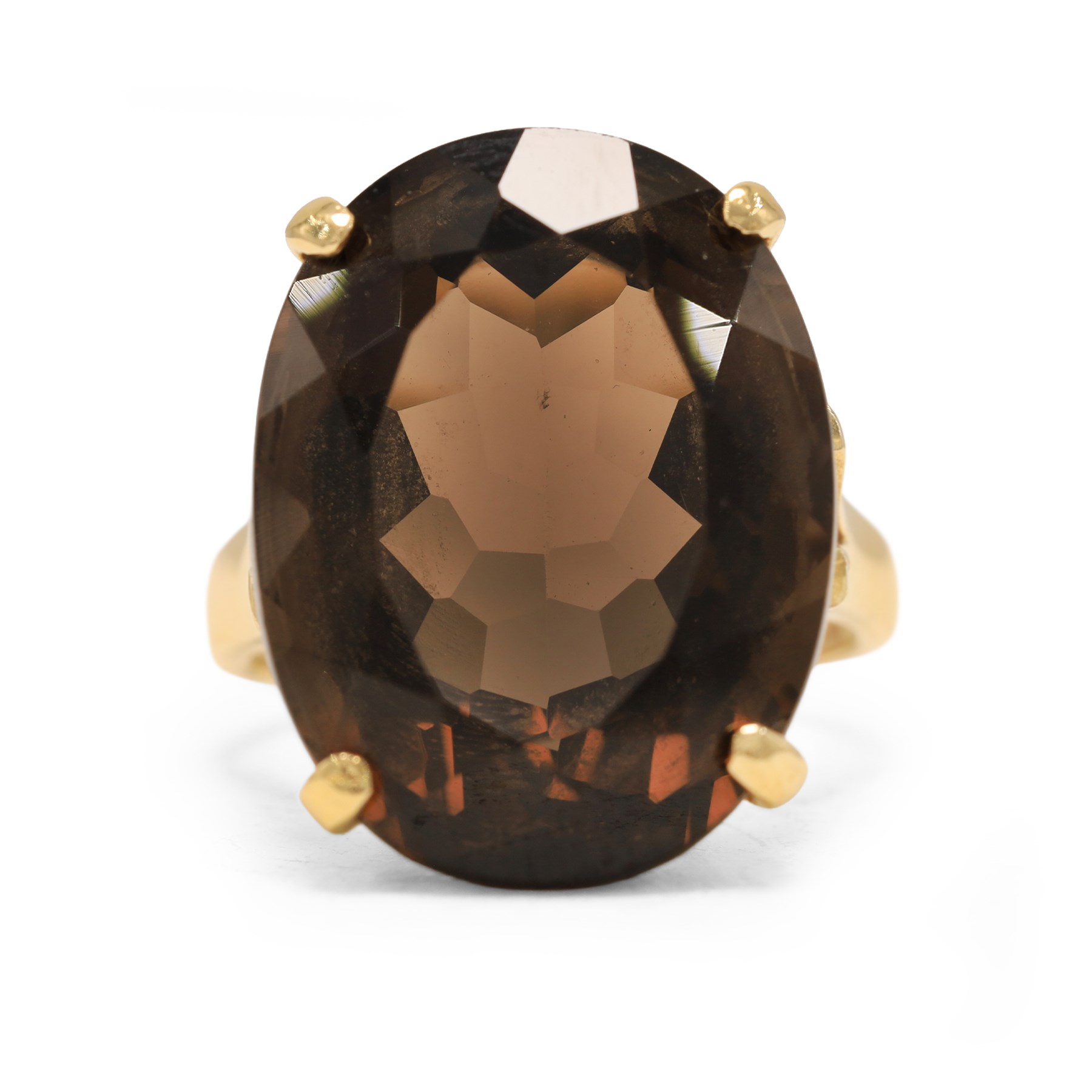 14ct gold smokey quartz ring, four claw set with a single oval cut quartz, stamped
