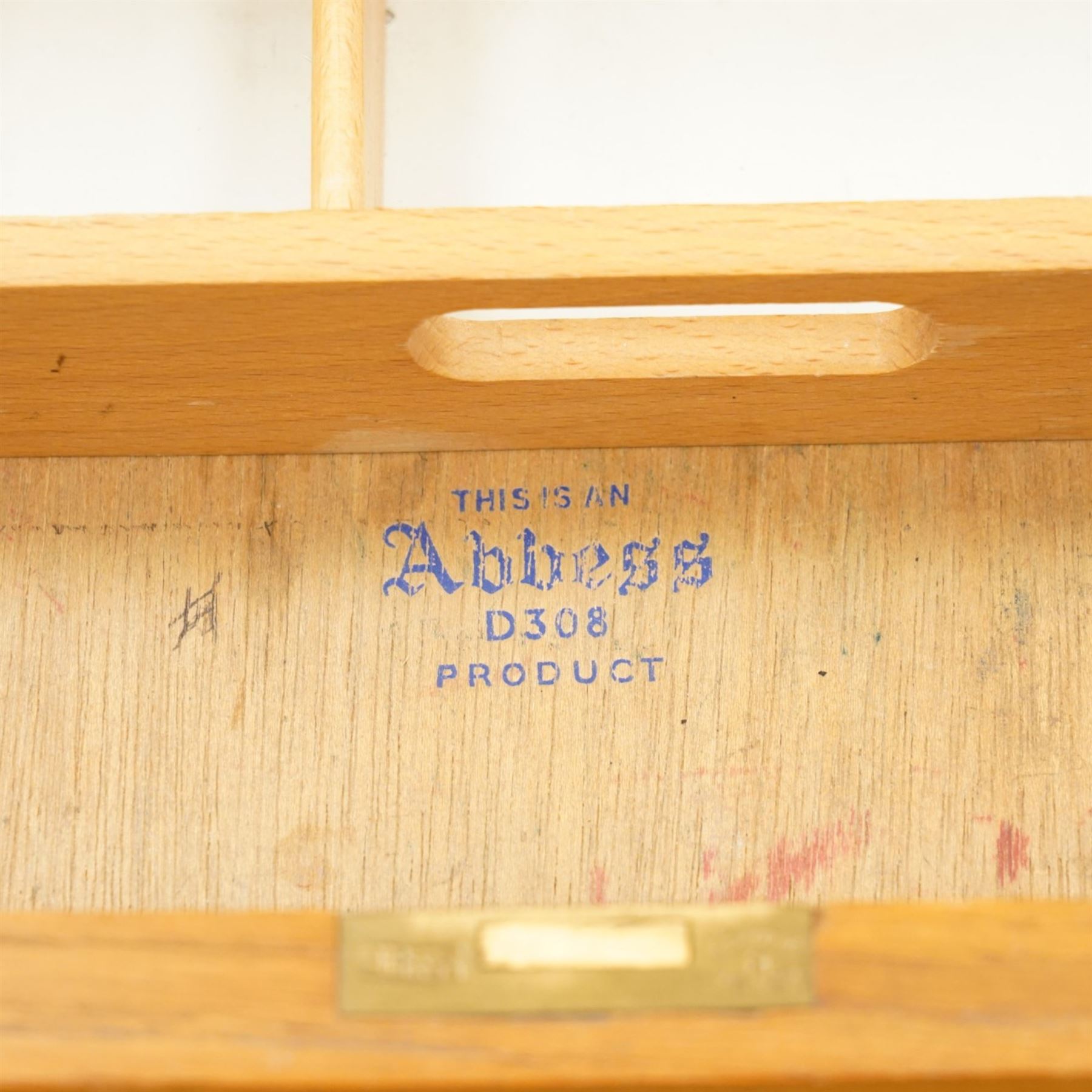 Abbess Woodwork Company - Mid  20th century solid oak single pedestal desk, rounded rectangular top with single pedestal, oak pull handles with fitted slide, above a drawer with cutlery divider, over a double height drawer, square tapering supports united by stretchers