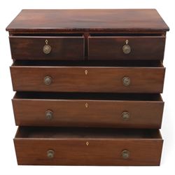19th century mahogany chest, with a rectangular top over two short and three long graduated drawers fitted with turned knobs and bone escutcheons, raised on shaped bracket feet