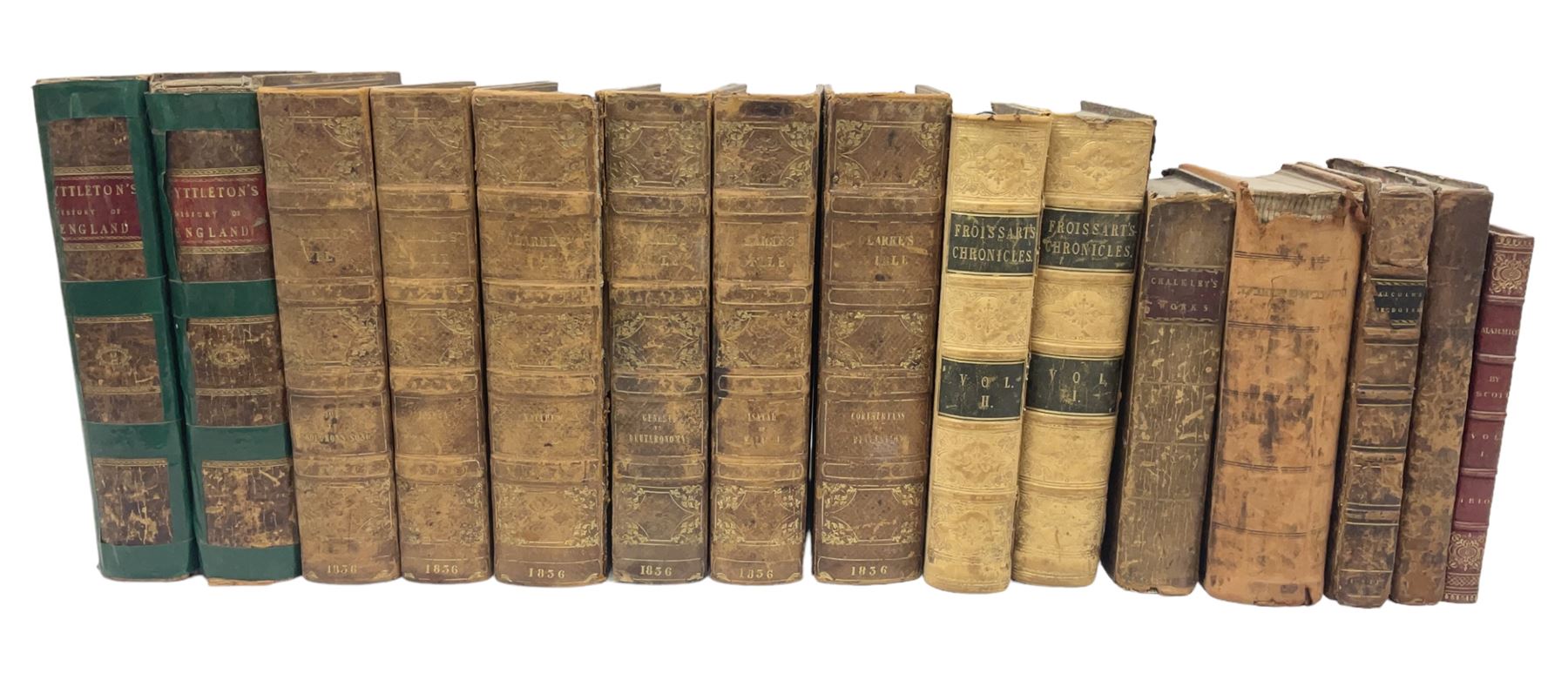 19th century and later leather bound books, to include Froissart, Sir John; Chronicles of England, France, Spain, Portugal, Scotland... two volumes London, 1812, Lyttleton, George: The History of England... two volumes London 1806, Clarke Adams; The Holy Bible, in six volumes, London 1836 and five other books 