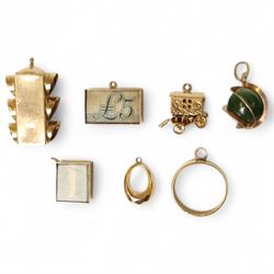9ct gold oddments and charms, and a green ball gilt charm, all tested or hallmarked