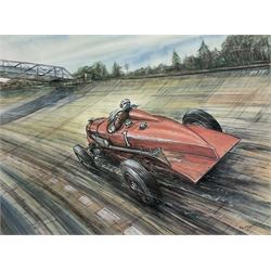 Phil May (British 1925-): 'Full Throttle' depicting Sir Henry (Tim) Birkin BT taking the outer-circuit lap record, Brooklands 1932, limited edition colour print signed and numbered 2/500 in pencil 34cm x 44cm