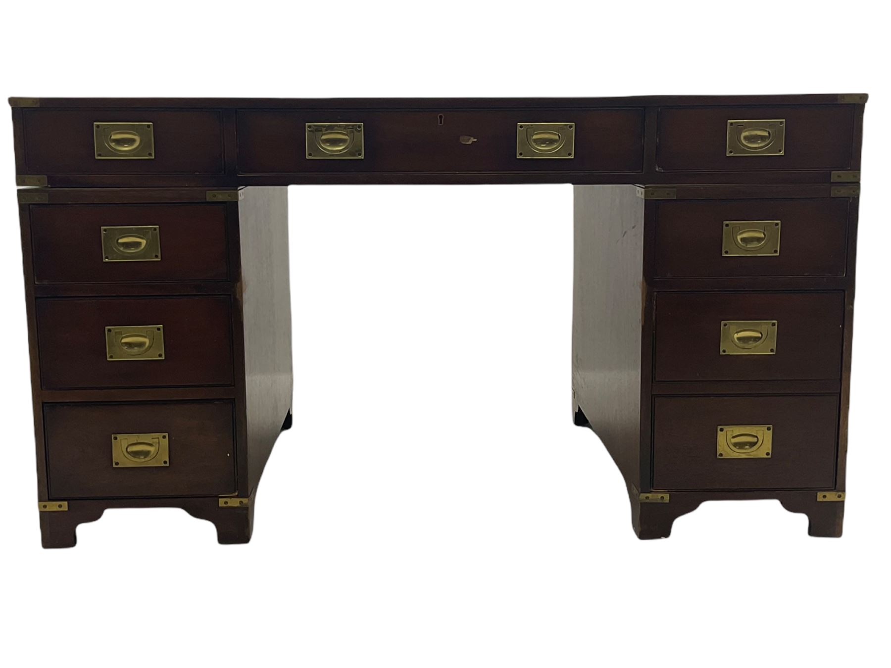 Bevan Funnell Reprodux - Military style mahogany twin pedestal desk, rectangular top with leather inset, fitted with eight drawers, on bracket feet