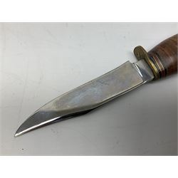 Graduated set of three Bowie knives by J. Nowill & Sons Sheffield England Est. AD1700, each with steel blade, brass cross-piece, stacked leather type grip and alloy pommel; largest blade 13cm and smallest 7.5cm; each in leather sheath (3)