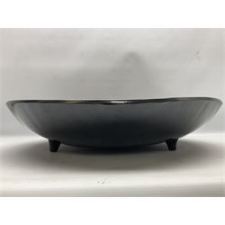 Large studio pottery terracotta bowl with stylised pattern in a tarnished silvered glaze, with an impress S to base, D55.5cm