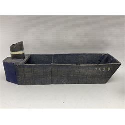 1940s French wooden eight wheel model FFI free tank, painted in brown camouflage, together with a 1940s wooden scratch built model of a landing craft, tank H18cm, W31cm